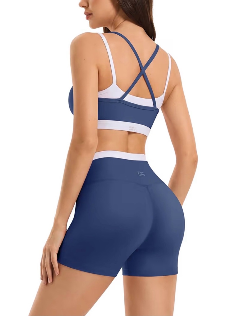 Seamless Navy Blue Cross-Back Sports Bra with White Contrast Band